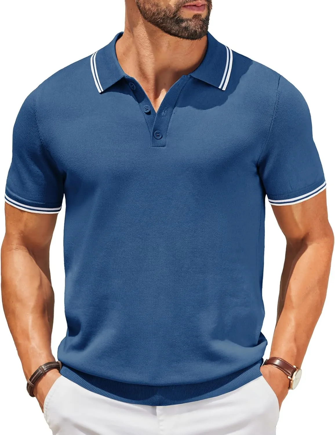 COOFANDY Men's Knit Polo Shirts Casual Short Sleeve Button Down Golf Polo Shirts Vintage Collared T Shirt