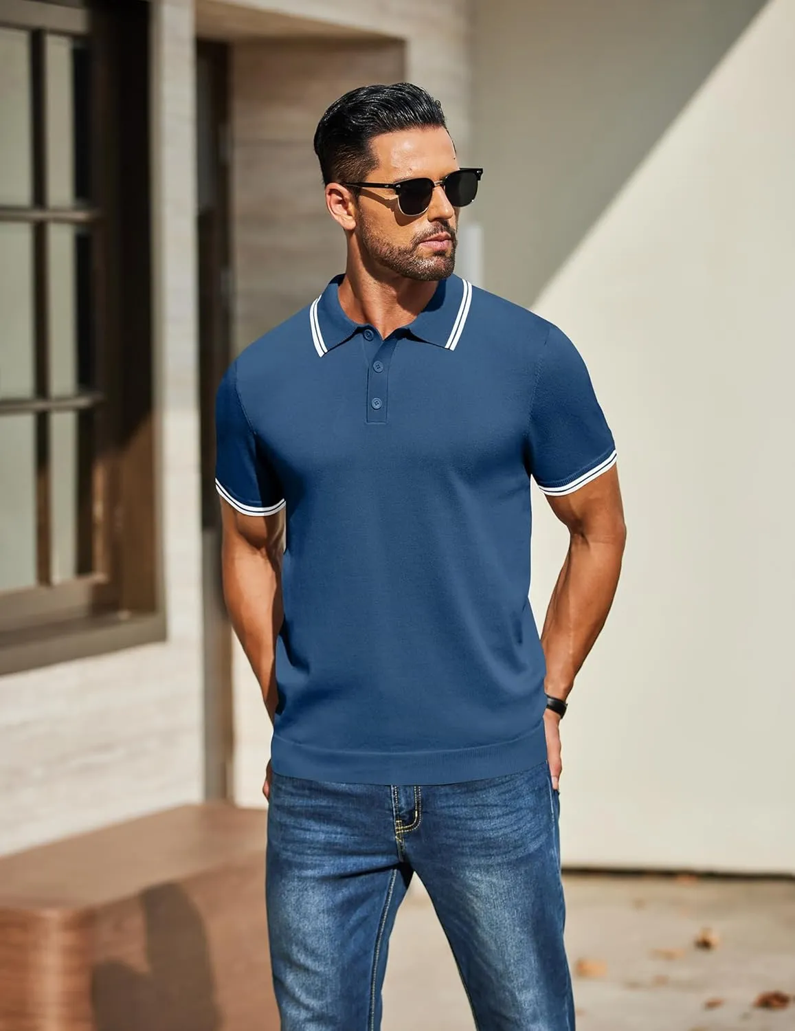 COOFANDY Men's Knit Polo Shirts Casual Short Sleeve Button Down Golf Polo Shirts Vintage Collared T Shirt