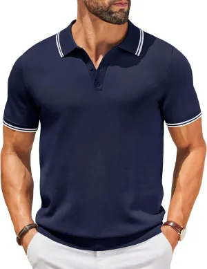 COOFANDY Men's Knit Polo Shirts Casual Short Sleeve Button Down Golf Polo Shirts Vintage Collared T Shirt