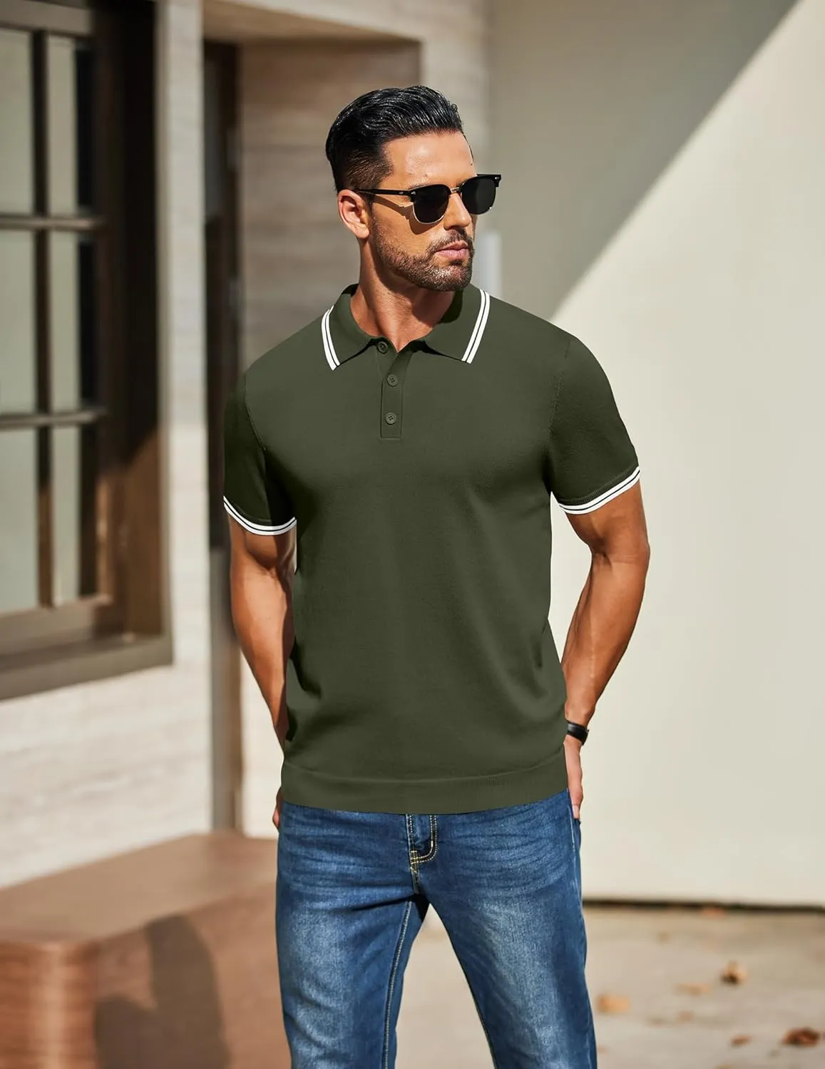 COOFANDY Men's Knit Polo Shirts Casual Short Sleeve Button Down Golf Polo Shirts Vintage Collared T Shirt