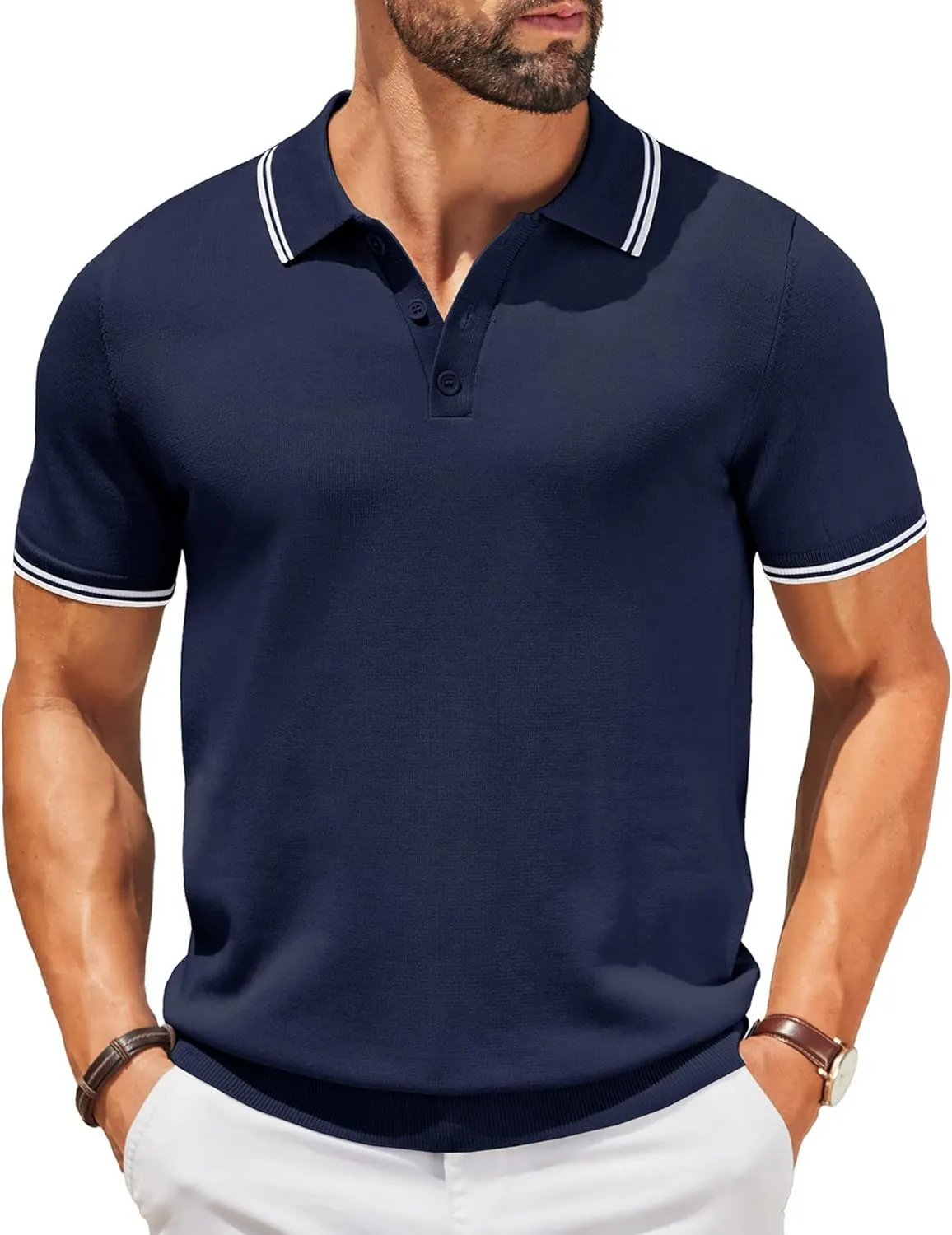 COOFANDY Men's Knit Polo Shirts Casual Short Sleeve Button Down Golf Polo Shirts Vintage Collared T Shirt