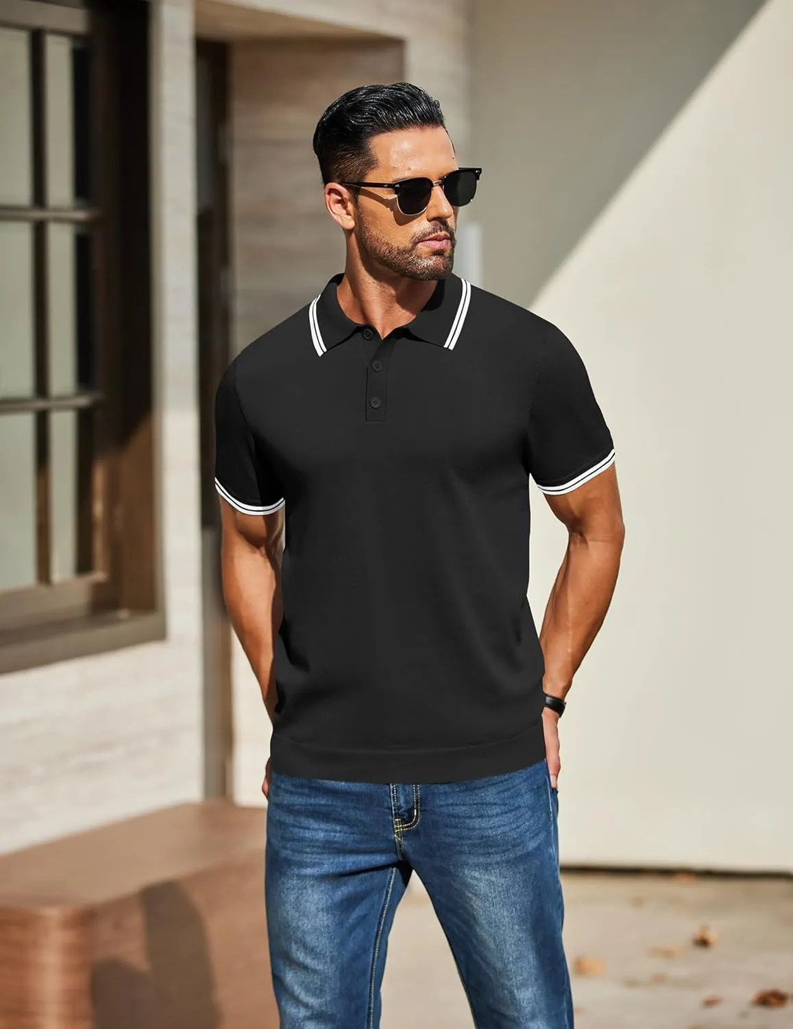 COOFANDY Men's Knit Polo Shirts Casual Short Sleeve Button Down Golf Polo Shirts Vintage Collared T Shirt