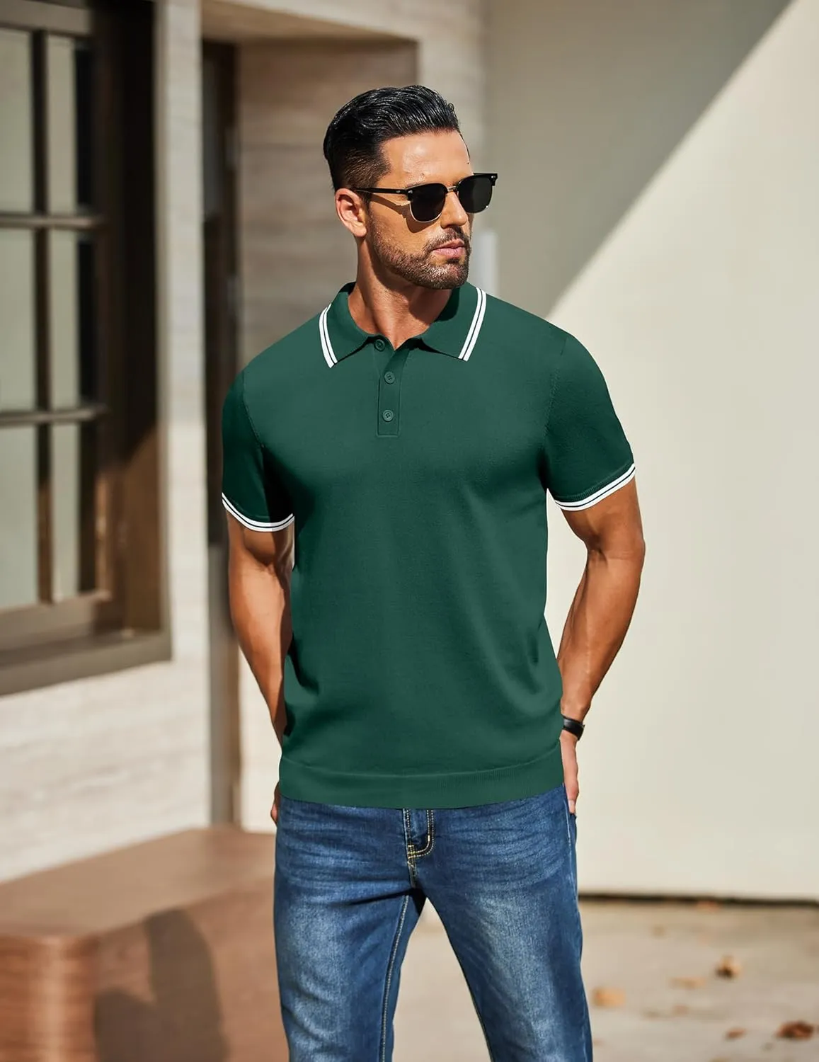 COOFANDY Men's Knit Polo Shirts Casual Short Sleeve Button Down Golf Polo Shirts Vintage Collared T Shirt