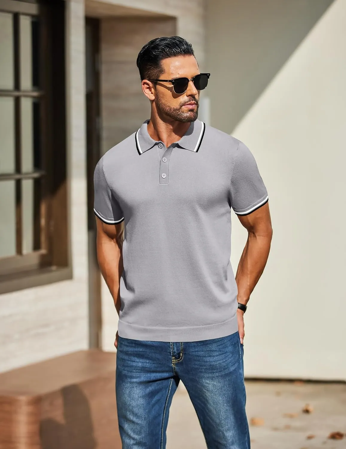 COOFANDY Men's Knit Polo Shirts Casual Short Sleeve Button Down Golf Polo Shirts Vintage Collared T Shirt
