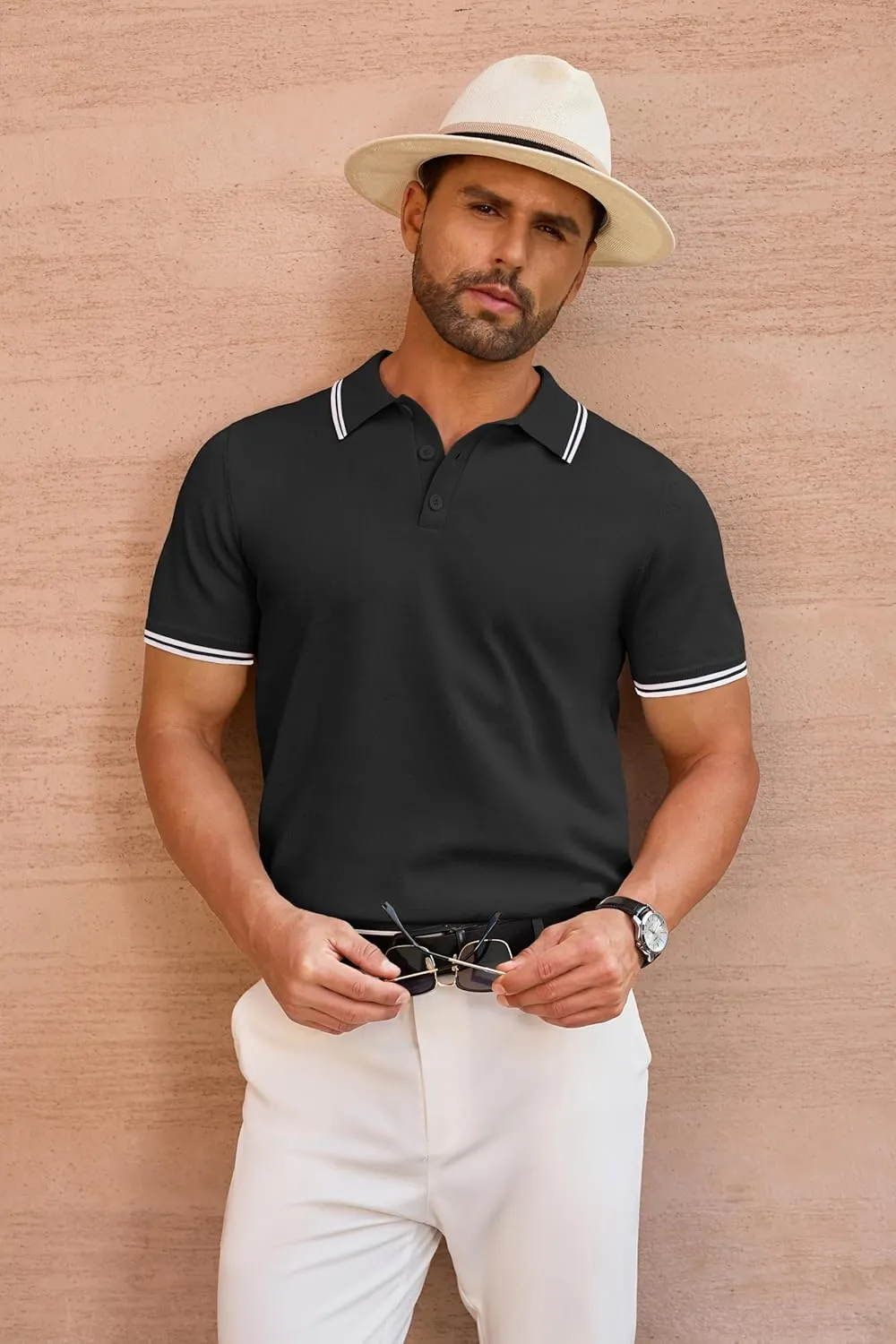 COOFANDY Men's Knit Polo Shirts Casual Short Sleeve Button Down Golf Polo Shirts Vintage Collared T Shirt