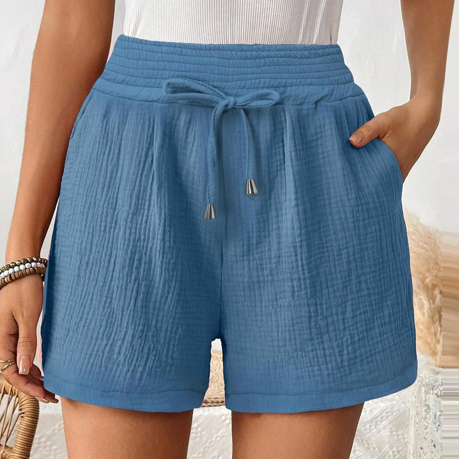 Cotton Linen Shorts for Women Summer Casual High Waisted Wide Leg Beach Shorts Drawstring Comfy Pull On Short Pants