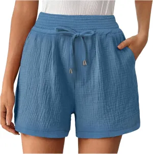 Cotton Linen Shorts for Women Summer Casual High Waisted Wide Leg Beach Shorts Drawstring Comfy Pull On Short Pants