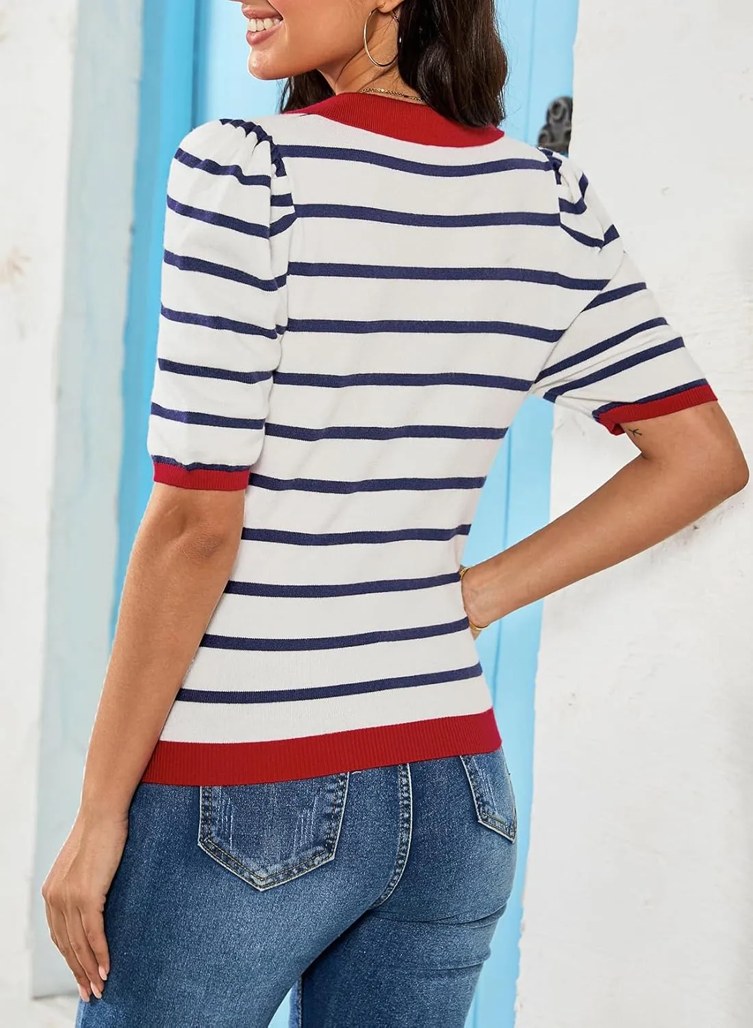 Dokotoo Womens Puff Short Sleeve Shirts Trendy V Neck Dressy Casual Knit Tops Stripes Collared T Shirts Blouses