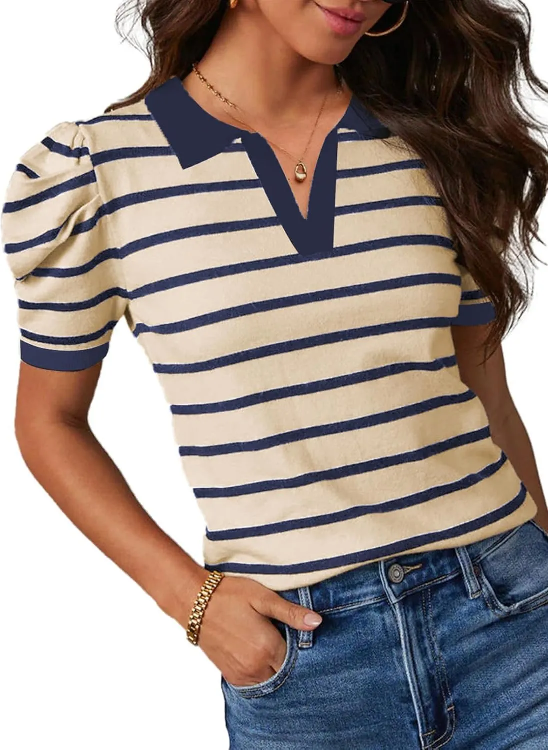 Dokotoo Womens Puff Short Sleeve Shirts Trendy V Neck Dressy Casual Knit Tops Stripes Collared T Shirts Blouses