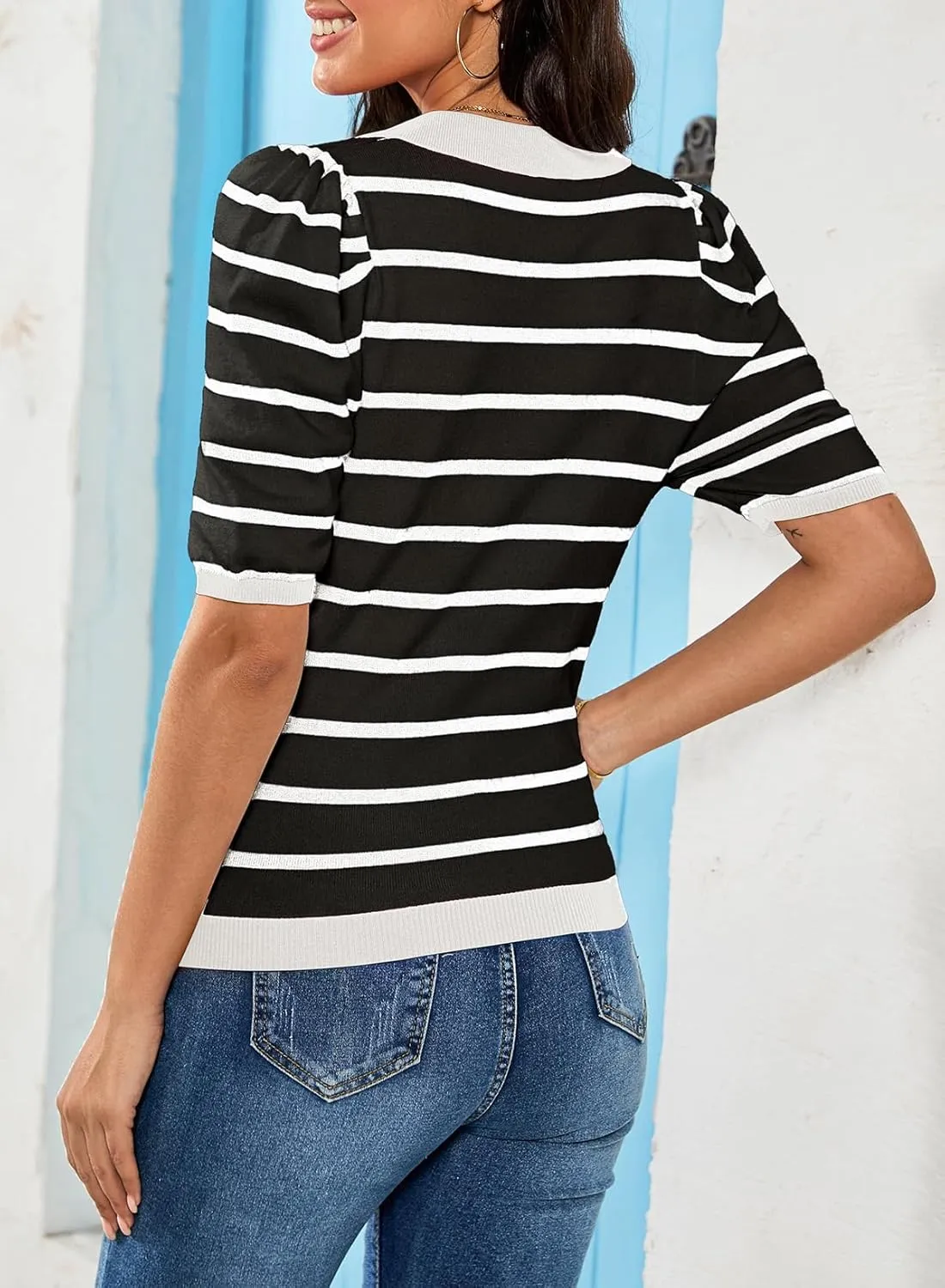 Dokotoo Womens Puff Short Sleeve Shirts Trendy V Neck Dressy Casual Knit Tops Stripes Collared T Shirts Blouses