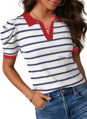 Dokotoo Womens Puff Short Sleeve Shirts Trendy V Neck Dressy Casual Knit Tops Stripes Collared T Shirts Blouses