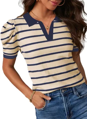 Dokotoo Womens Puff Short Sleeve Shirts Trendy V Neck Dressy Casual Knit Tops Stripes Collared T Shirts Blouses