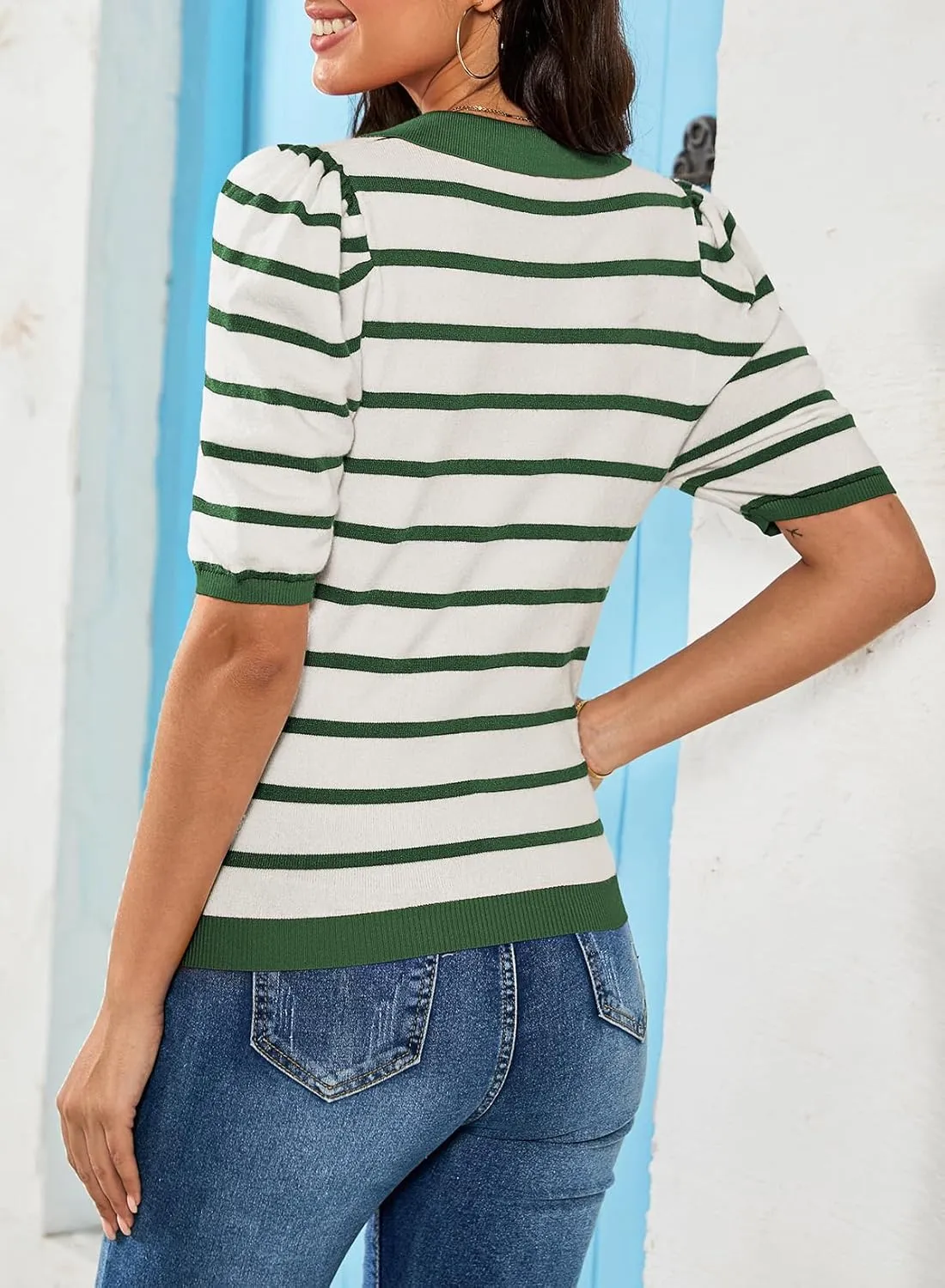 Dokotoo Womens Puff Short Sleeve Shirts Trendy V Neck Dressy Casual Knit Tops Stripes Collared T Shirts Blouses