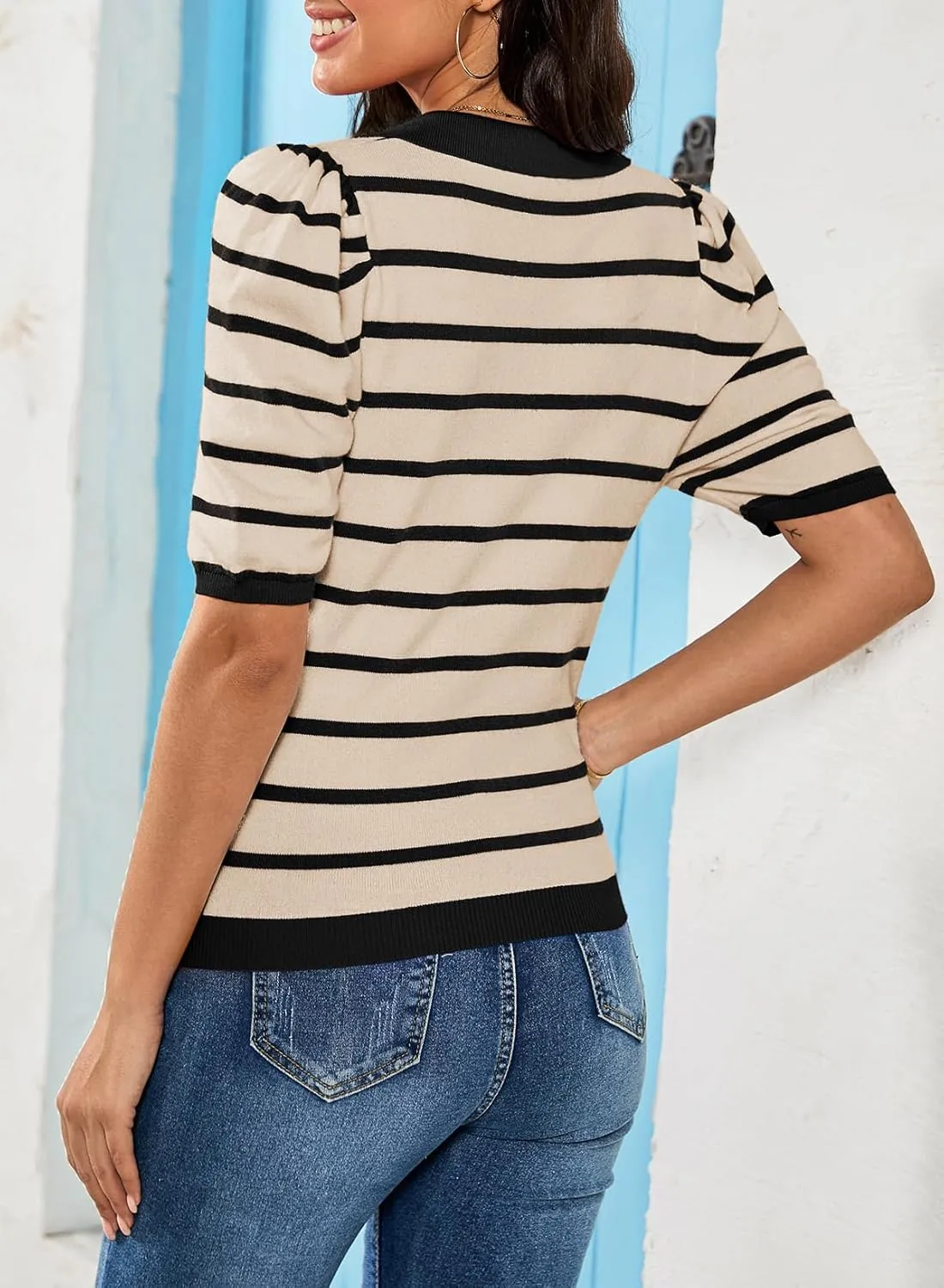 Dokotoo Womens Puff Short Sleeve Shirts Trendy V Neck Dressy Casual Knit Tops Stripes Collared T Shirts Blouses