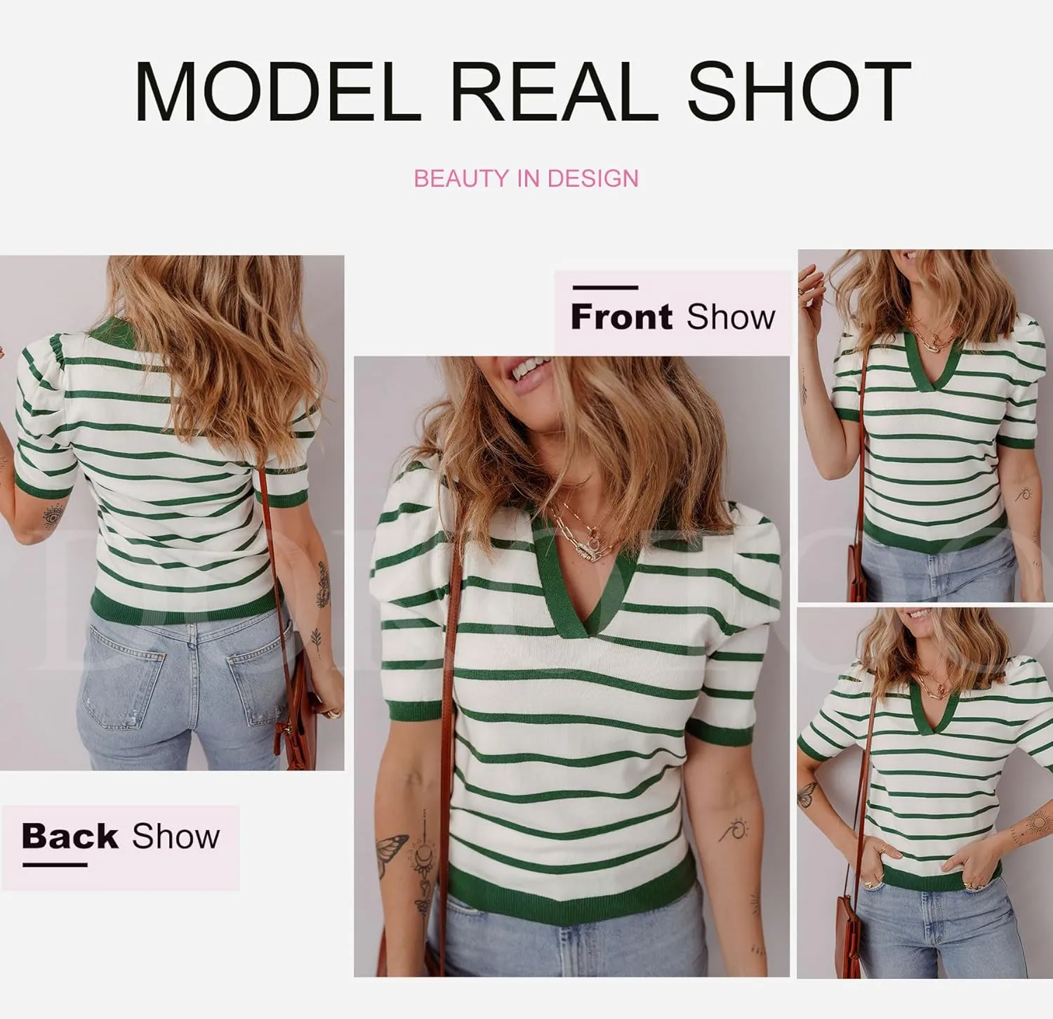 Dokotoo Womens Puff Short Sleeve Shirts Trendy V Neck Dressy Casual Knit Tops Stripes Collared T Shirts Blouses