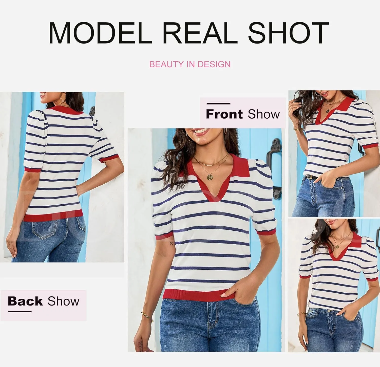 Dokotoo Womens Puff Short Sleeve Shirts Trendy V Neck Dressy Casual Knit Tops Stripes Collared T Shirts Blouses
