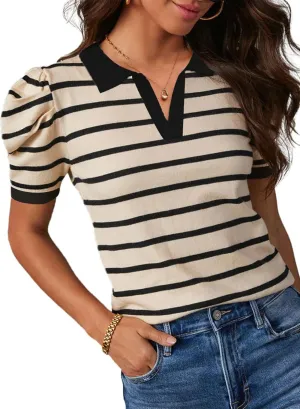 Dokotoo Womens Puff Short Sleeve Shirts Trendy V Neck Dressy Casual Knit Tops Stripes Collared T Shirts Blouses