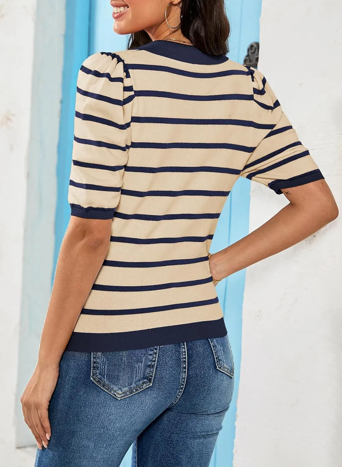Dokotoo Womens Puff Short Sleeve Shirts Trendy V Neck Dressy Casual Knit Tops Stripes Collared T Shirts Blouses