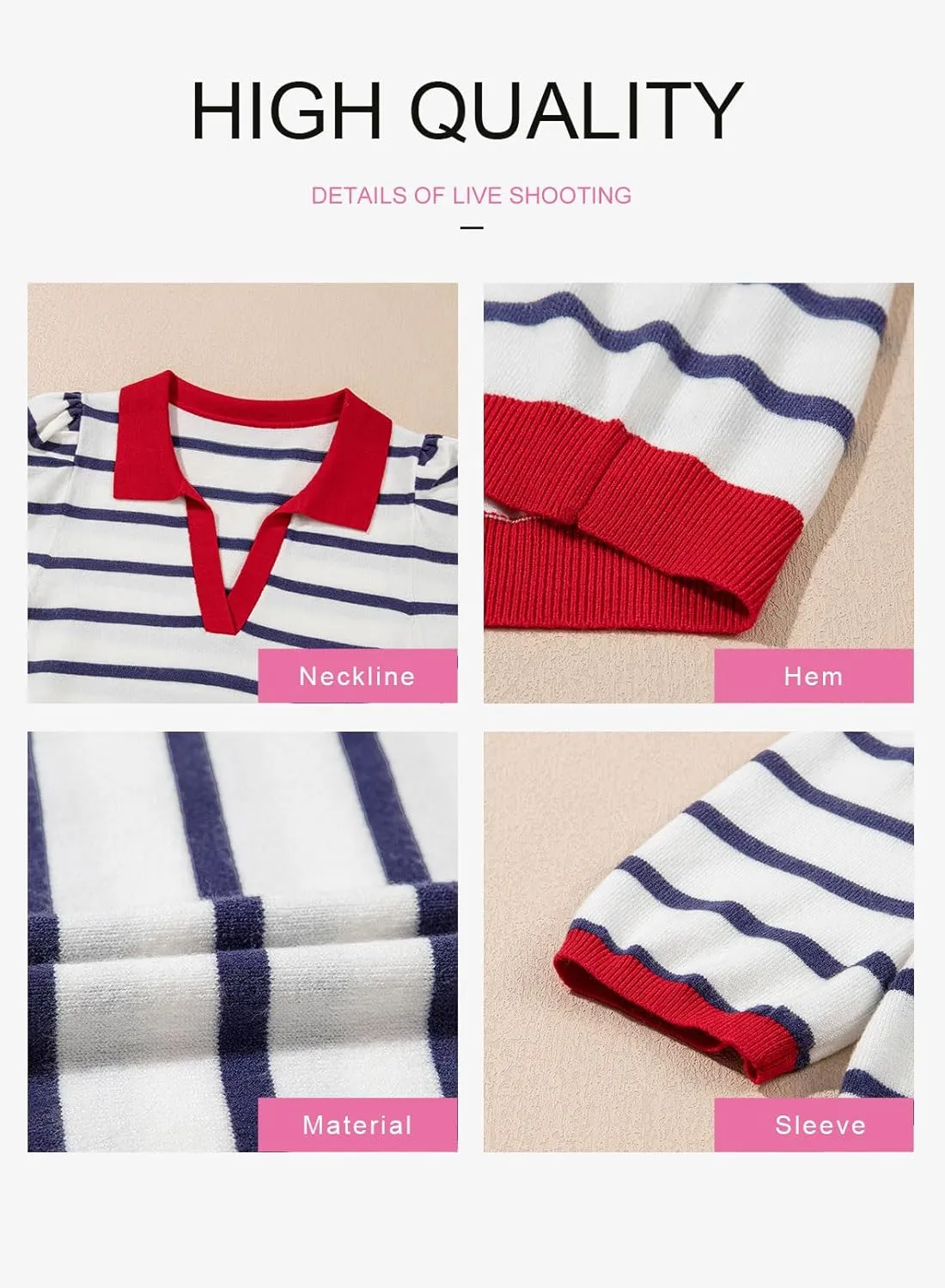 Dokotoo Womens Puff Short Sleeve Shirts Trendy V Neck Dressy Casual Knit Tops Stripes Collared T Shirts Blouses