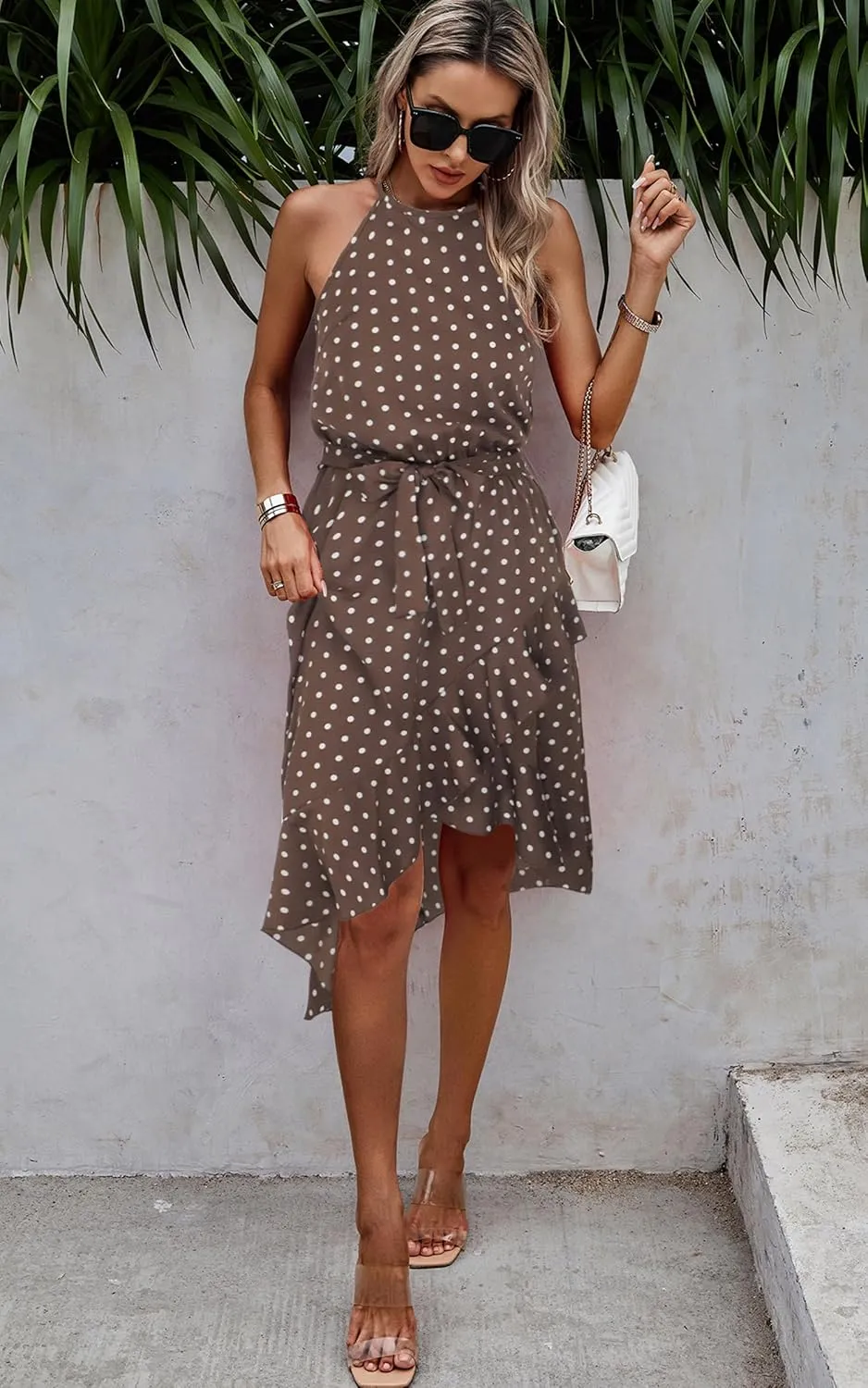 ECOWISH Polka Dot Women Summer Dress Flowy High Low Sleeveless Boho Floral Criss Cross Halterneck Cocktail Midi Sundress 2025