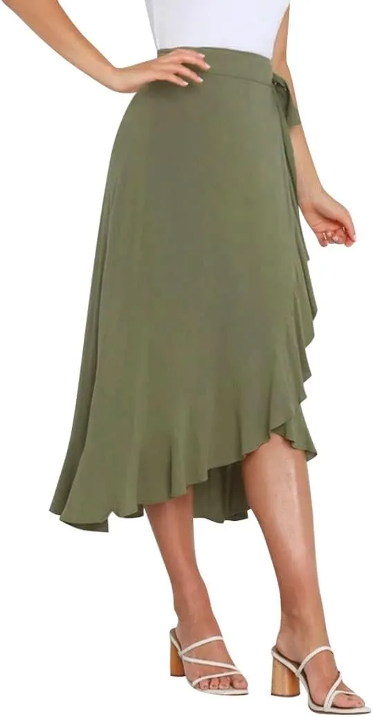 Ezcosplay Women Ruffle Wrap Skirt Tie Waist Boho High Low Asymmetrical Midi Beach Skirt