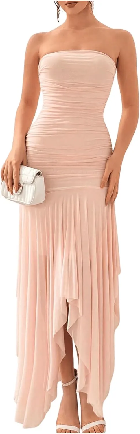 Floerns Women's Sleeveless Ruched Ruffle Asymmetrical Hem Mesh Evening Tube Dresses