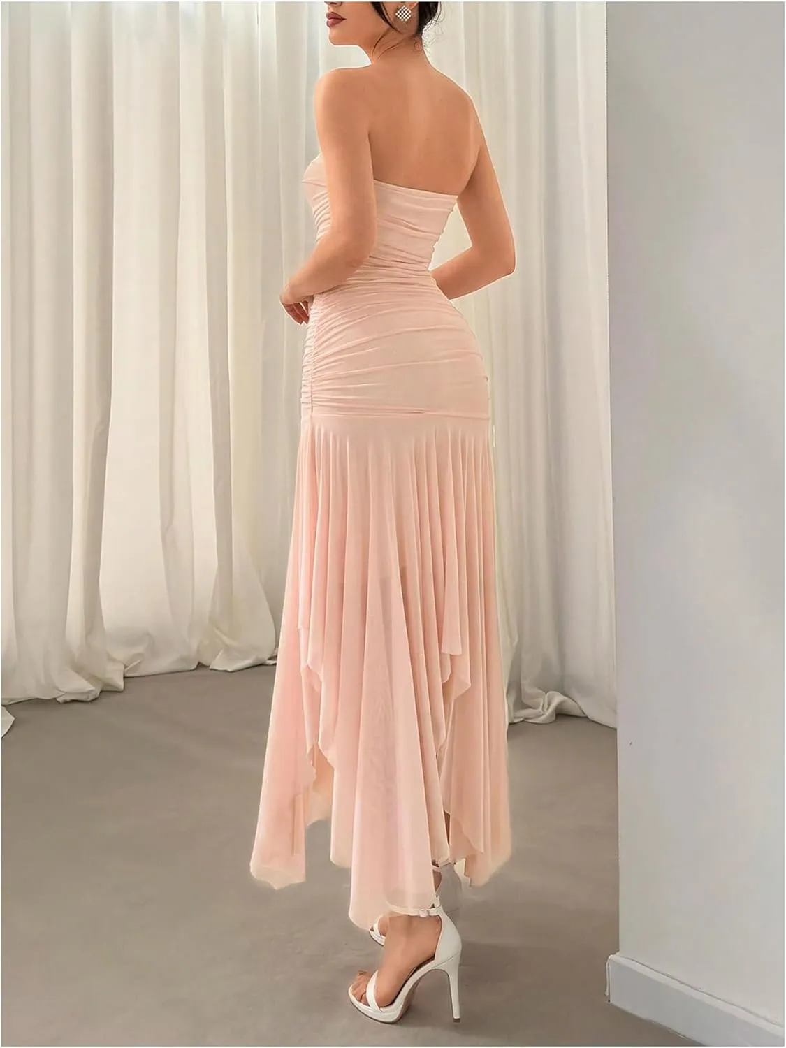 Floerns Women's Sleeveless Ruched Ruffle Asymmetrical Hem Mesh Evening Tube Dresses