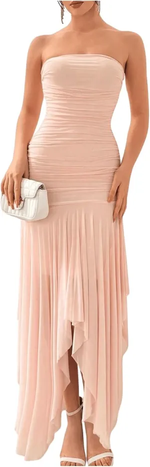 Floerns Women's Sleeveless Ruched Ruffle Asymmetrical Hem Mesh Evening Tube Dresses