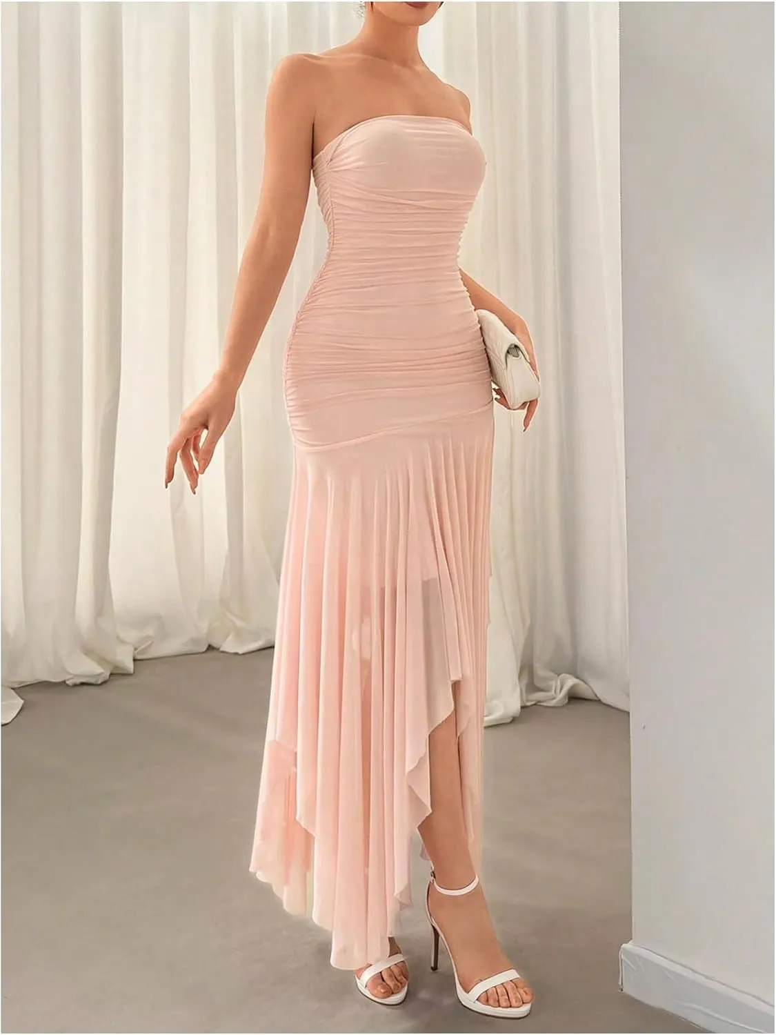 Floerns Women's Sleeveless Ruched Ruffle Asymmetrical Hem Mesh Evening Tube Dresses
