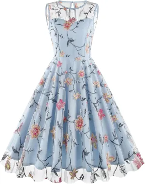Floral Embroidered Dress for Women Sleeveless Keyhole Floral Mesh Dress Vintage Cocktail Tea Party Embroidered Tulle Dress