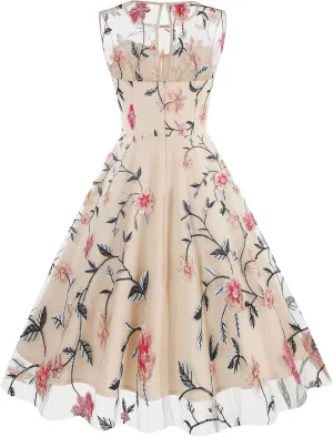 Floral Embroidered Dress for Women Sleeveless Keyhole Floral Mesh Dress Vintage Cocktail Tea Party Embroidered Tulle Dress