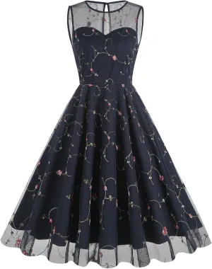 Floral Embroidered Dress for Women Sleeveless Keyhole Floral Mesh Dress Vintage Cocktail Tea Party Embroidered Tulle Dress