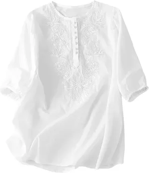 Floral Embroidered Tops Cotton Linen Shirts Boho Ethnic Style Peasant Tee Women 3/4 Sleeve V Neck Button Tunic Tshirt