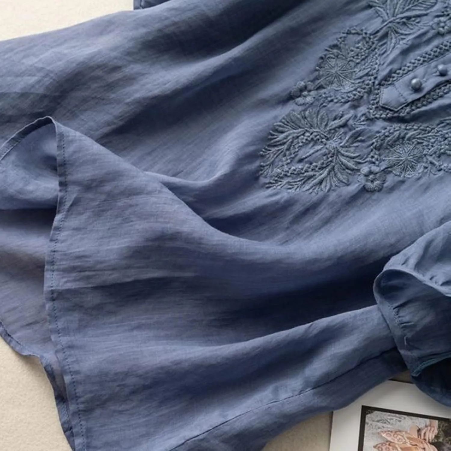 Floral Embroidered Tops Cotton Linen Shirts Boho Ethnic Style Peasant Tee Women 3/4 Sleeve V Neck Button Tunic Tshirt