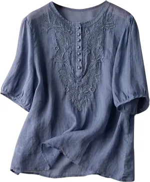 Floral Embroidered Tops Cotton Linen Shirts Boho Ethnic Style Peasant Tee Women 3/4 Sleeve V Neck Button Tunic Tshirt