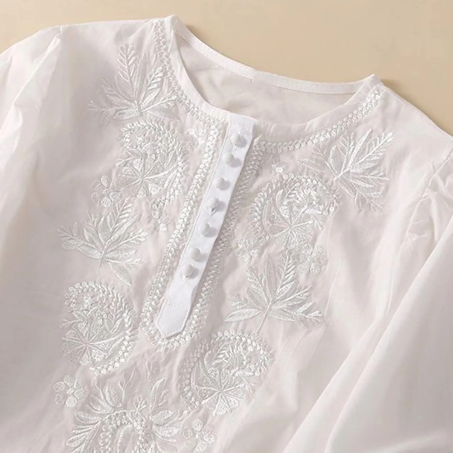 Floral Embroidered Tops Cotton Linen Shirts Boho Ethnic Style Peasant Tee Women 3/4 Sleeve V Neck Button Tunic Tshirt