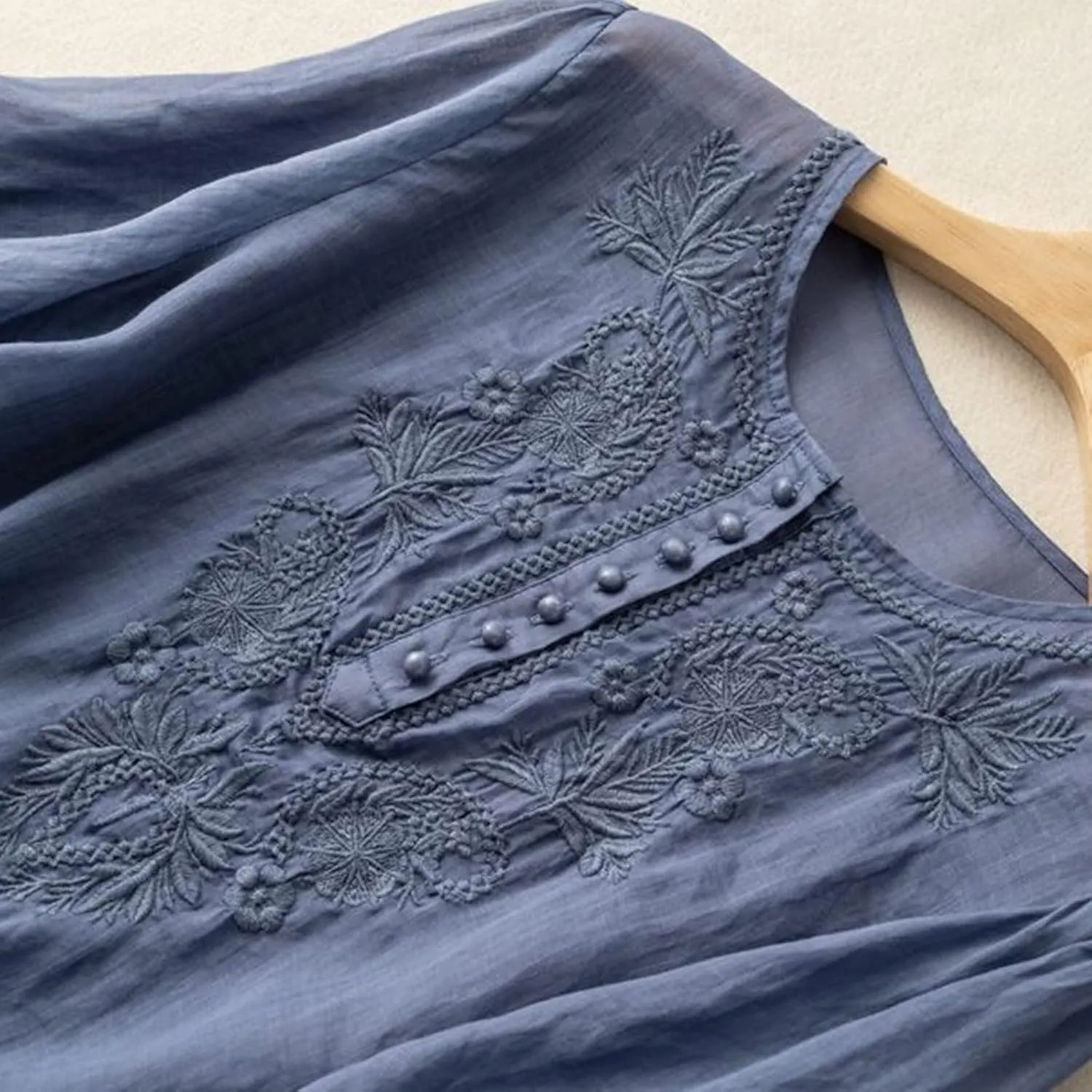 Floral Embroidered Tops Cotton Linen Shirts Boho Ethnic Style Peasant Tee Women 3/4 Sleeve V Neck Button Tunic Tshirt