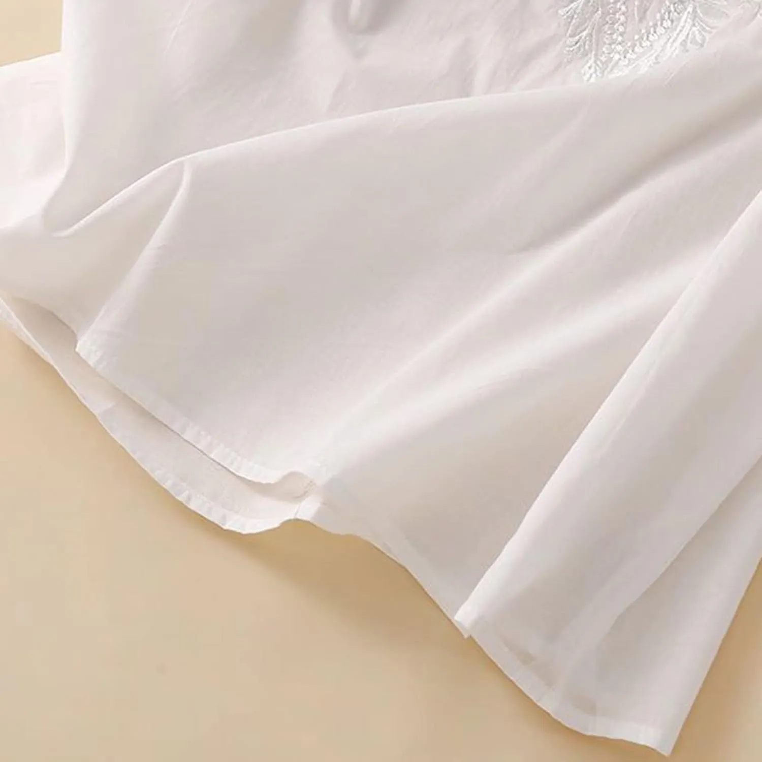 Floral Embroidered Tops Cotton Linen Shirts Boho Ethnic Style Peasant Tee Women 3/4 Sleeve V Neck Button Tunic Tshirt