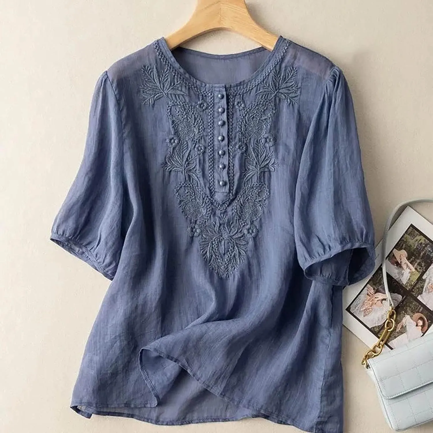 Floral Embroidered Tops Cotton Linen Shirts Boho Ethnic Style Peasant Tee Women 3/4 Sleeve V Neck Button Tunic Tshirt