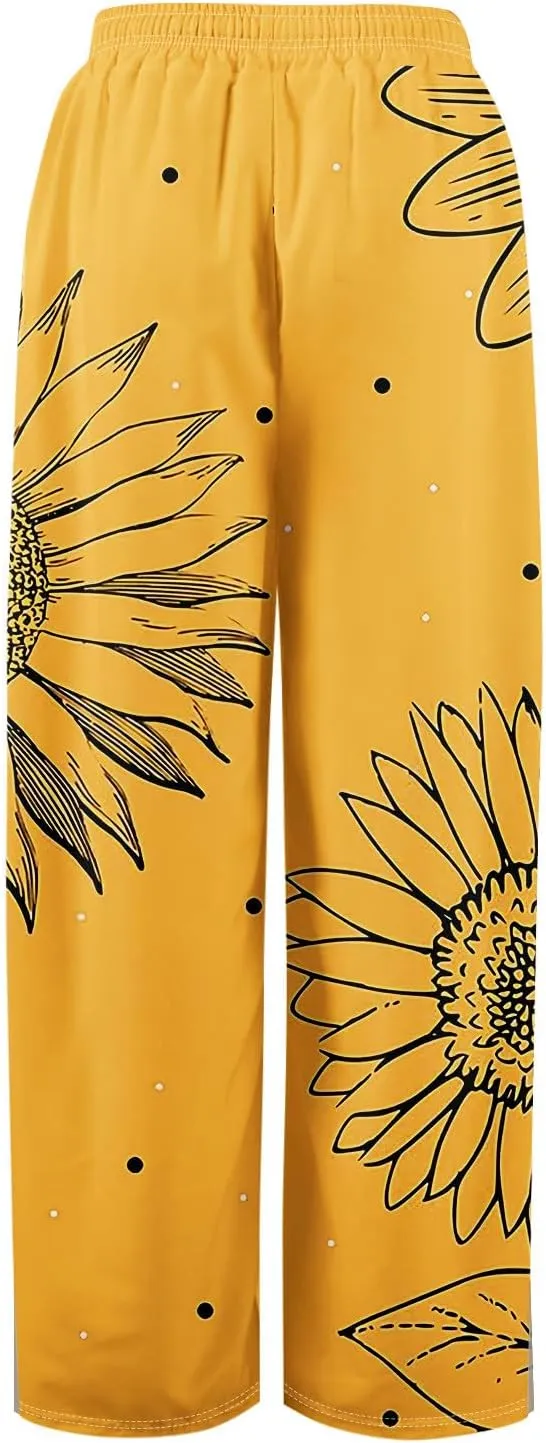 Floral Pants for Women 2025 Elastic Waist Wide Leg Casual Summer Drawstring Pants Beach Vacation Trousers with Pockets