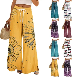 Floral Pants for Women 2025 Elastic Waist Wide Leg Casual Summer Drawstring Pants Beach Vacation Trousers with Pockets