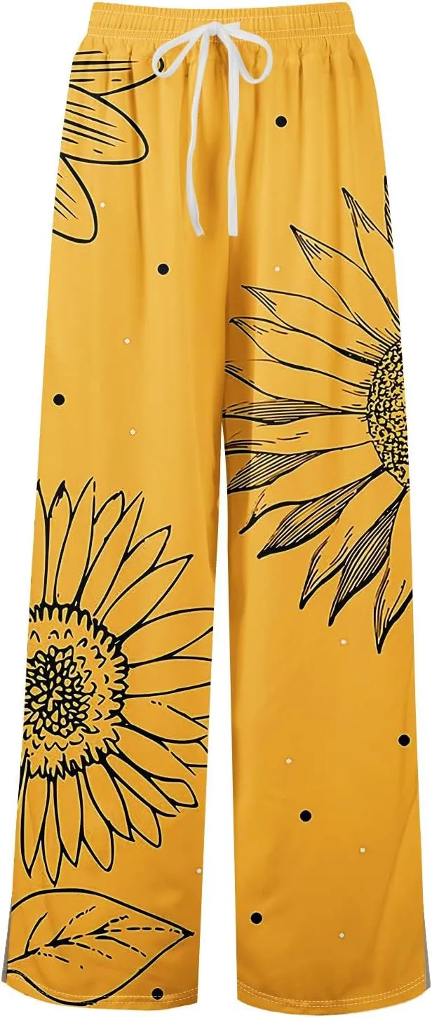 Floral Pants for Women 2025 Elastic Waist Wide Leg Casual Summer Drawstring Pants Beach Vacation Trousers with Pockets