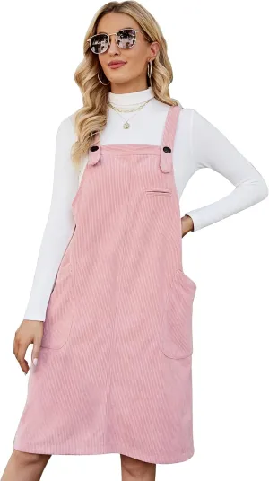 Flygo Women's Corduroy Jumper Overall Pinafore Midi Dress Skirt with Pockets