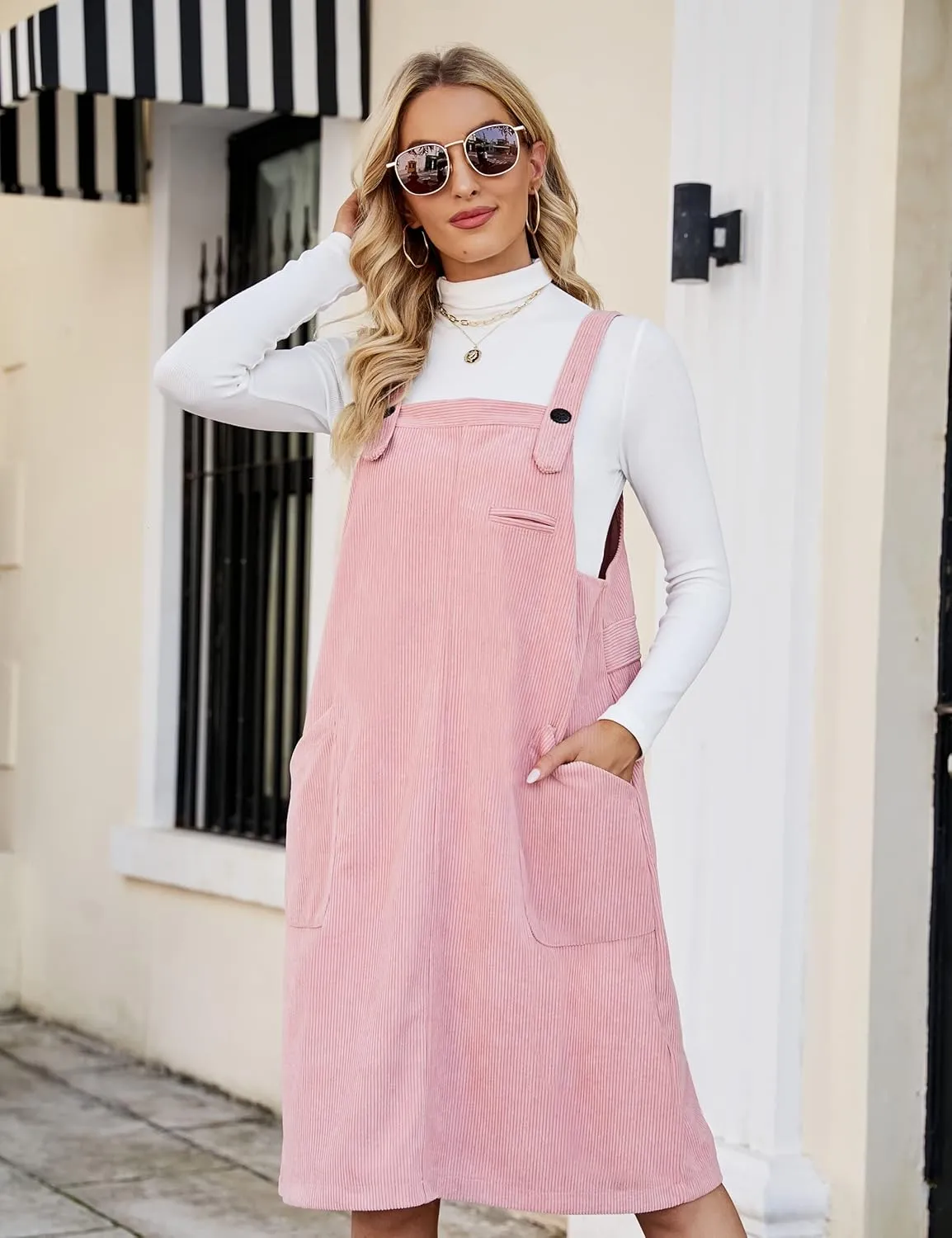 Flygo Women's Corduroy Jumper Overall Pinafore Midi Dress Skirt with Pockets