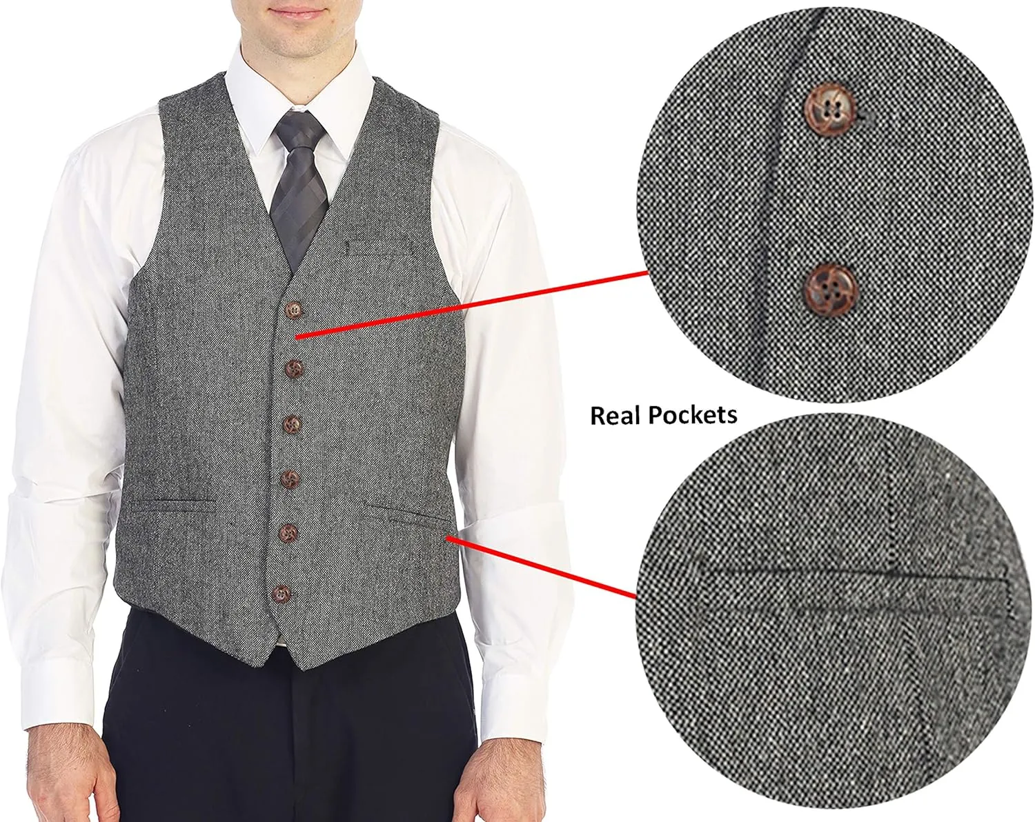 Gioberti Men's 6 Button Slim Fit Formal Herringbone Tweed Vest