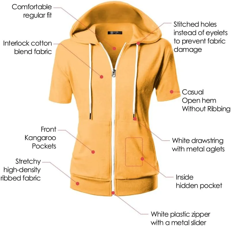 GIVON Womens Slim Fit Zip Up Hoodie Short Sleeve Thin Jacket Full Zip Sweatshirt with Plus Size