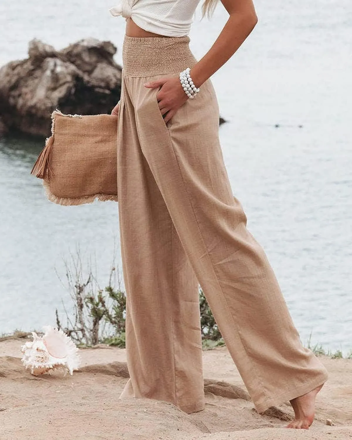 GLIENST Womens Linen Wide Leg Palazzo Pants High Waisted Smocked Lounge Trousers with Pockets S-2XL