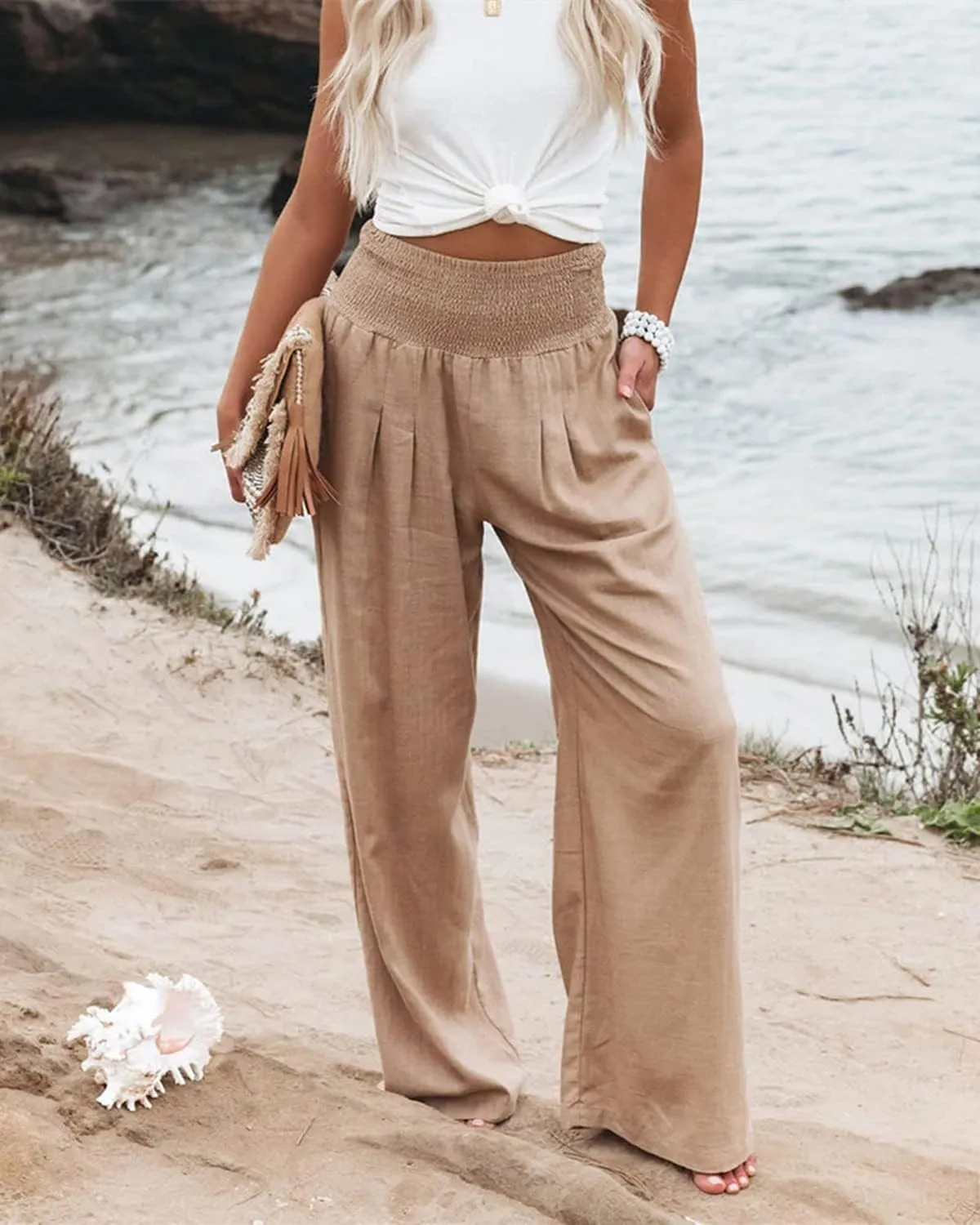 GLIENST Womens Linen Wide Leg Palazzo Pants High Waisted Smocked Lounge Trousers with Pockets S-2XL