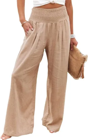 GLIENST Womens Linen Wide Leg Palazzo Pants High Waisted Smocked Lounge Trousers with Pockets S-2XL