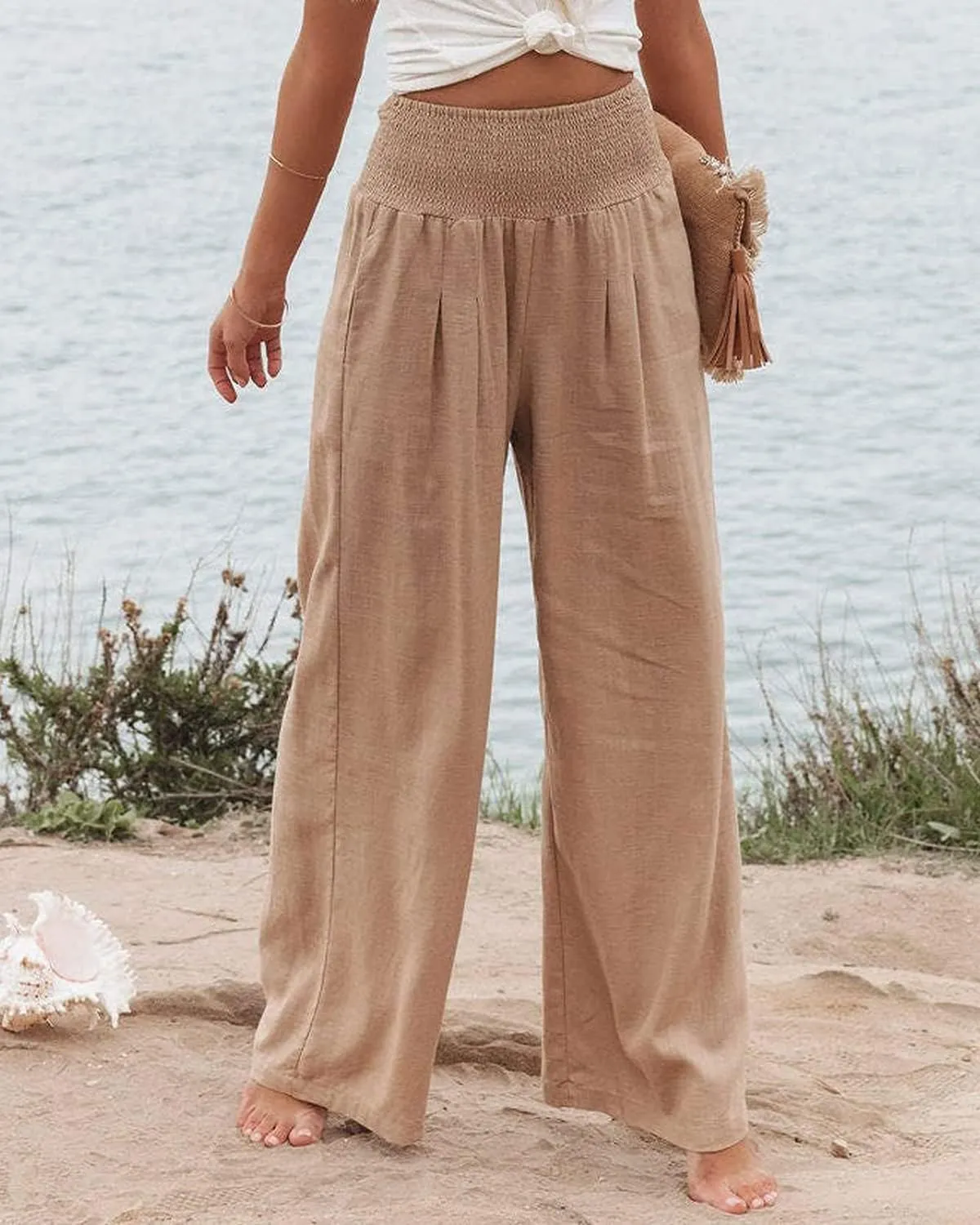 GLIENST Womens Linen Wide Leg Palazzo Pants High Waisted Smocked Lounge Trousers with Pockets S-2XL